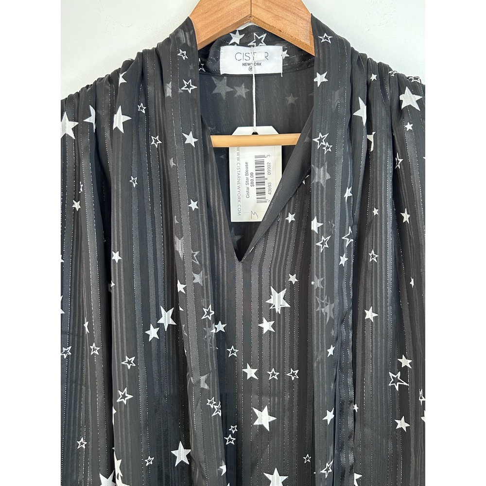 Cistar NY Celestial Star Print Blouse Sz M Black Metallic Whimsigoth Indie Boho - Picture 2 of 9